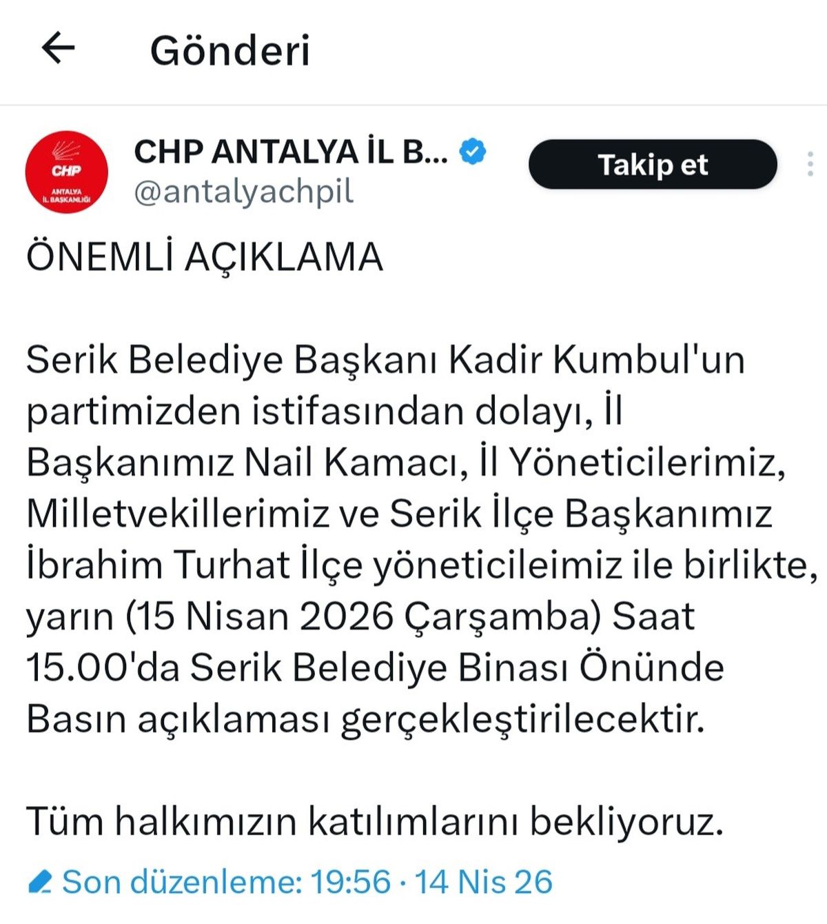 CHP’de Şok İstifa: Serik Belediye Başkanı Partiden Ayrıldı